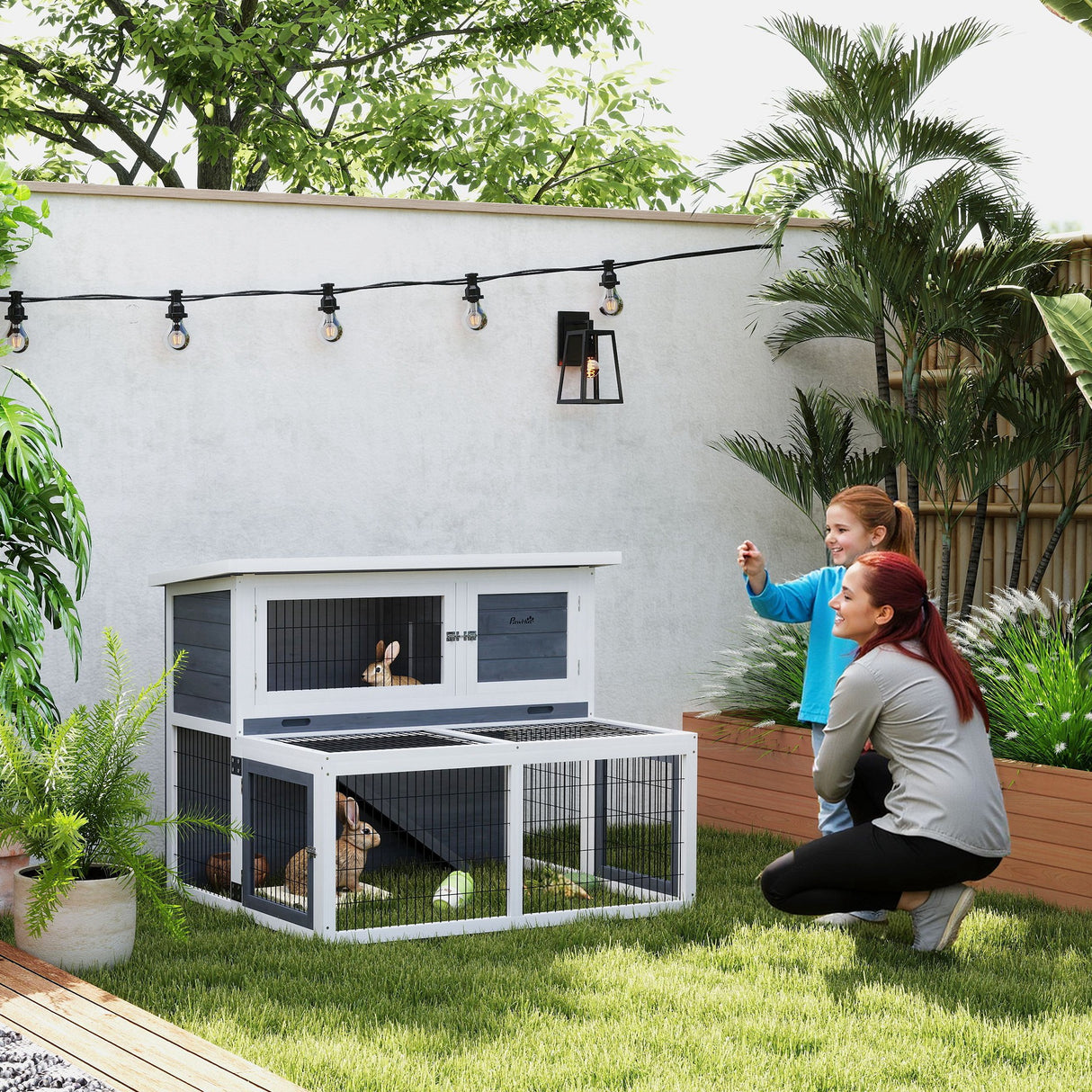 easycomfort easycomfort conigliera a 2 livelli con vassoio estraibile in legno di abete e acciaio 122x95x93 5 cm multicolore