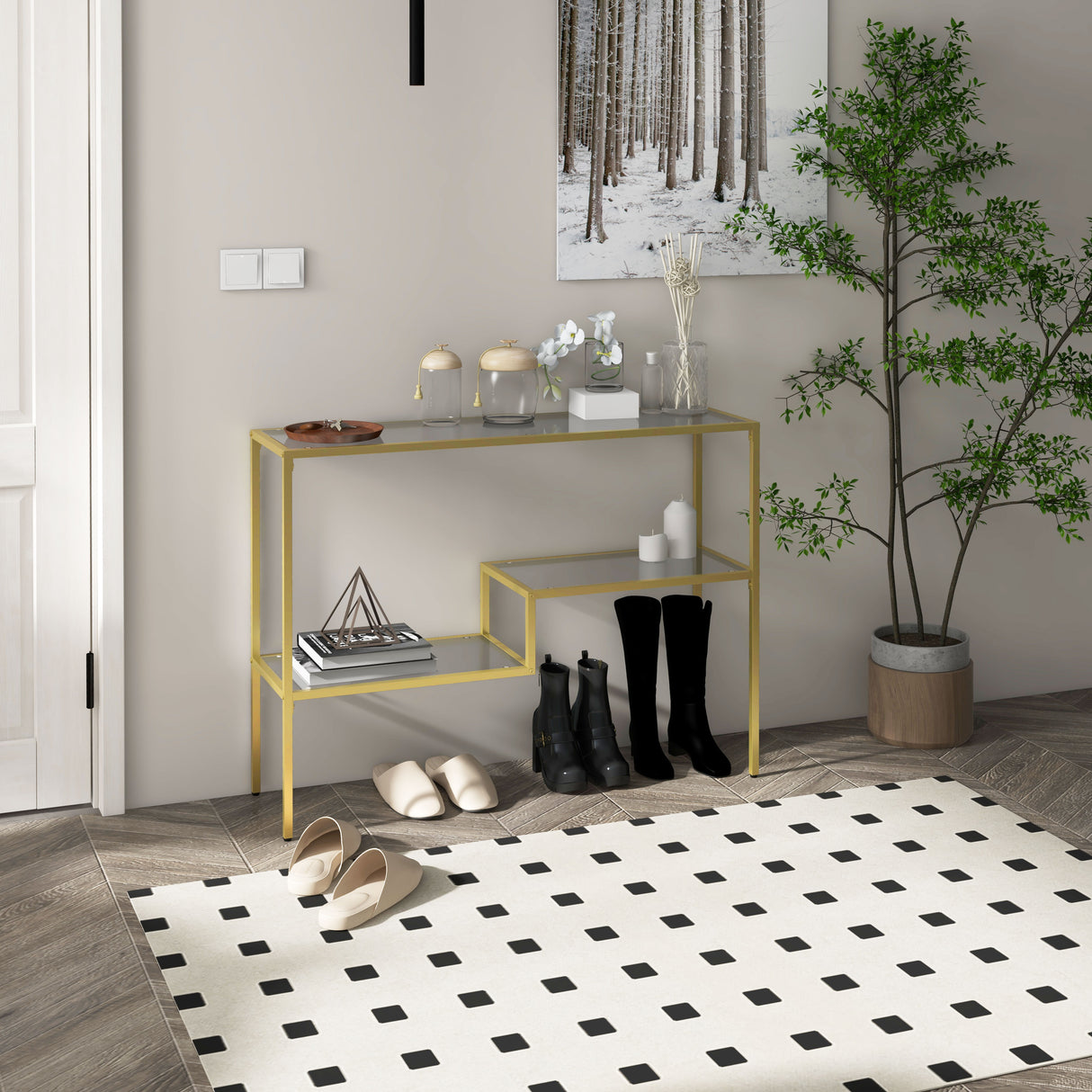 easycomfort easycomfort consolle da ingresso a 3 ripiani in acciaio e vetro temperato 100x32x76 cm oro