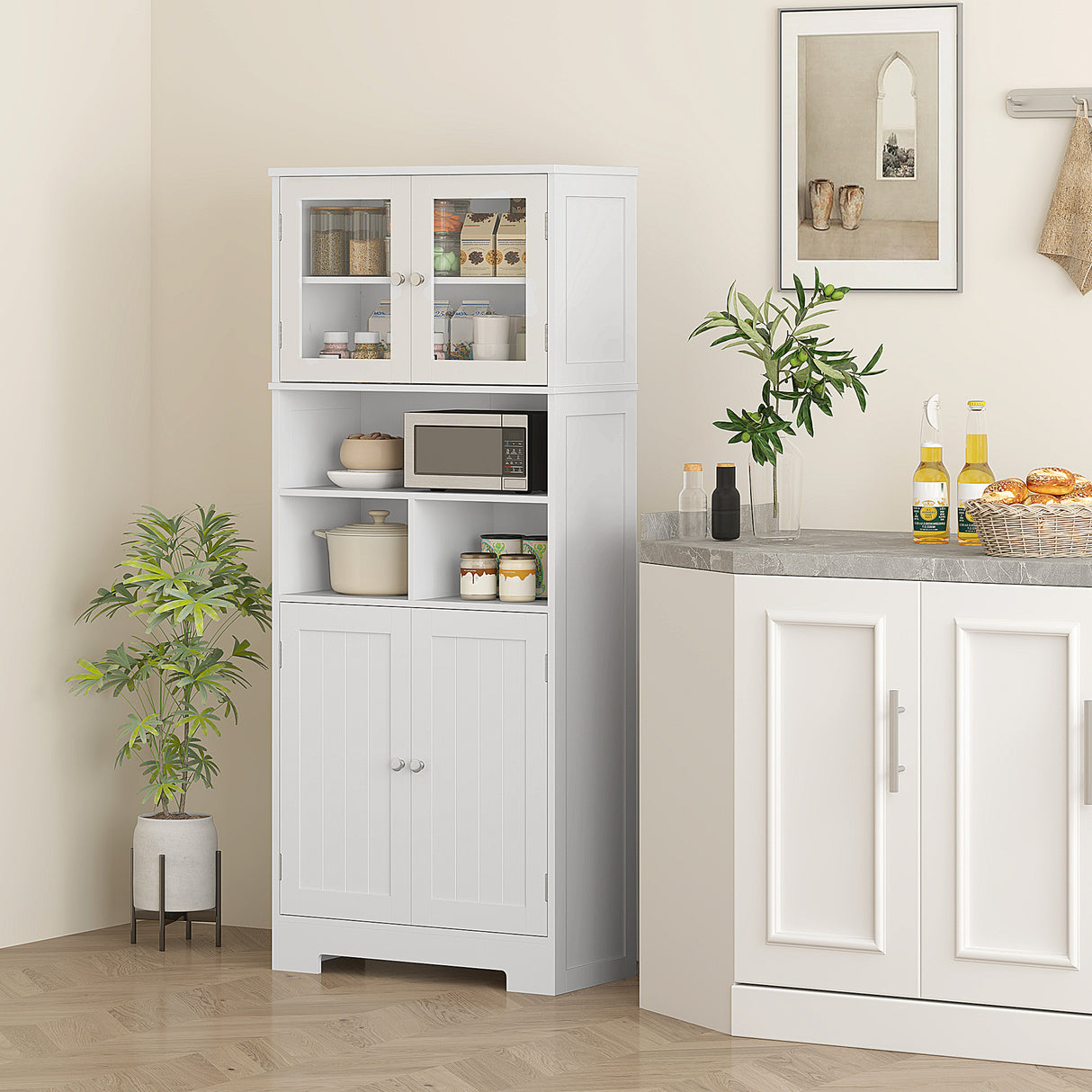 easycomfort easycomfort credenza cucina con 2 armadietti e 3 vani aperti ante a vetro e ripiani regolabili 60x30x145 5 cm bianco