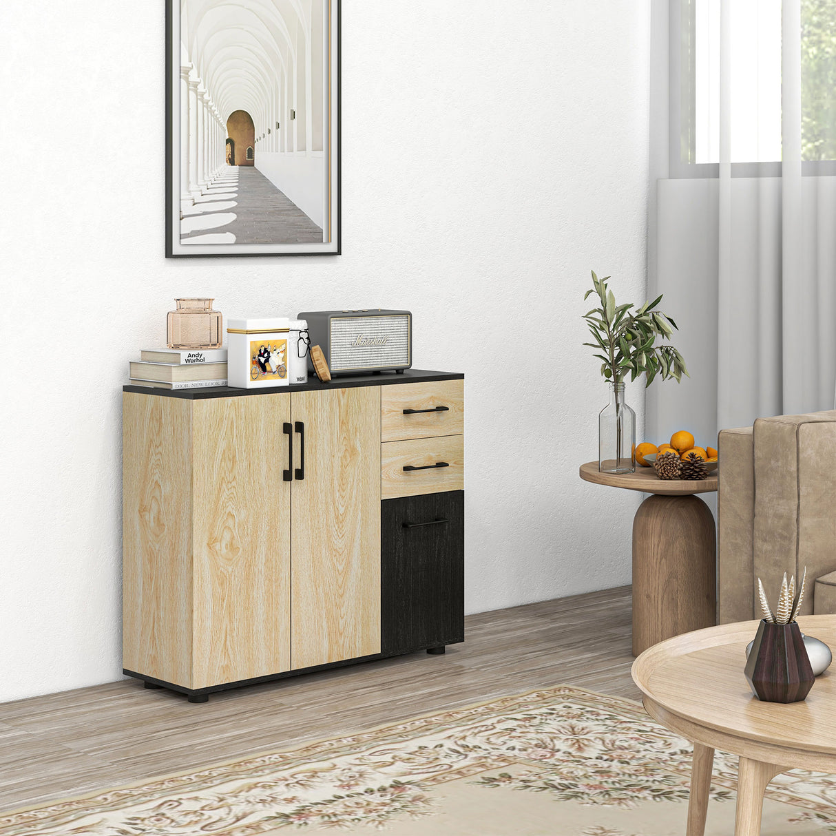 easycomfort easycomfort credenza moderna con 2 armadietti e 2 cassetti in legno 90x30x75 5cm noce e nero