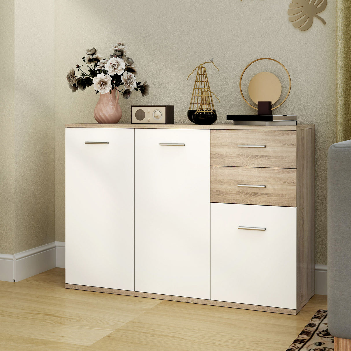 easycomfort easycomfort credenza moderna con 3 armadietti e 2 cassetti in legno 106x35x76 cm color legno