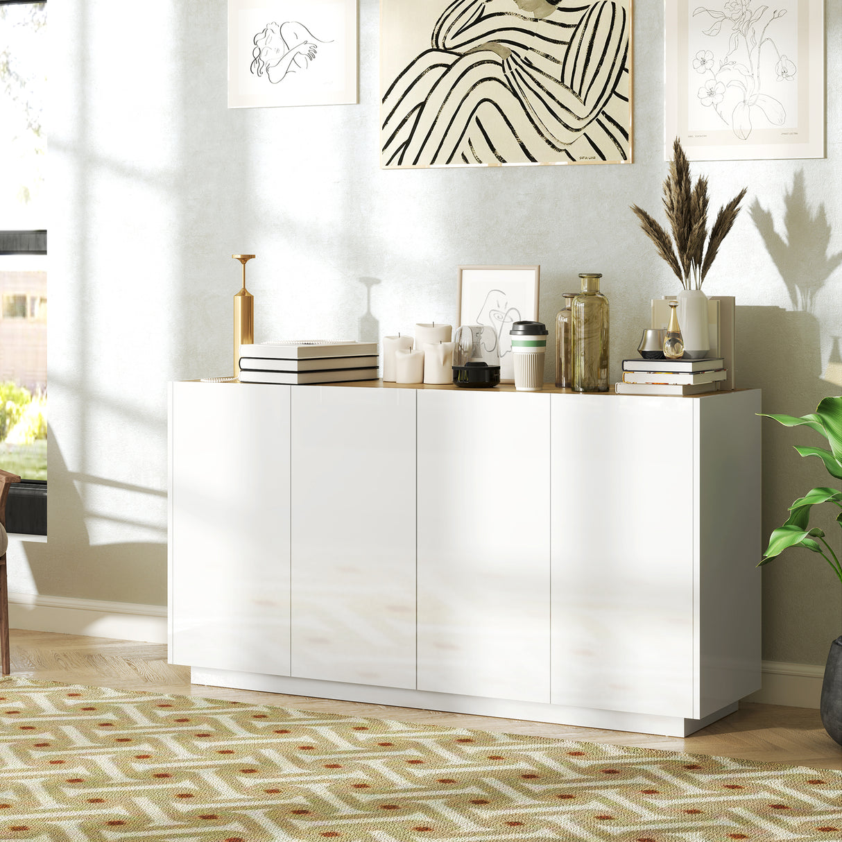easycomfort easycomfort credenza moderna con armadietti a 2 ante chiusura ammortizzata e ripiani regolabili 140x40x75cm bianco lucido