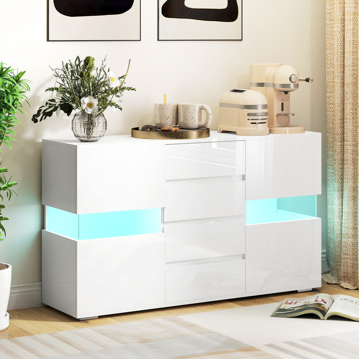 easycomfort easycomfort credenza moderna con led regolabile con telecomando 4 cassetti e 2 armadietti 120x34x70 cm bianco
