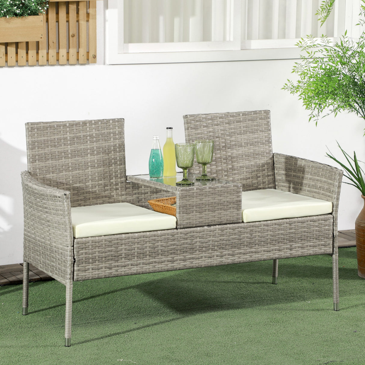 easycomfort easycomfort divanetto per esterni 2 posti con tavolino da caffe in acciaio e rattan pe 137x59x82 cm grigio e crema