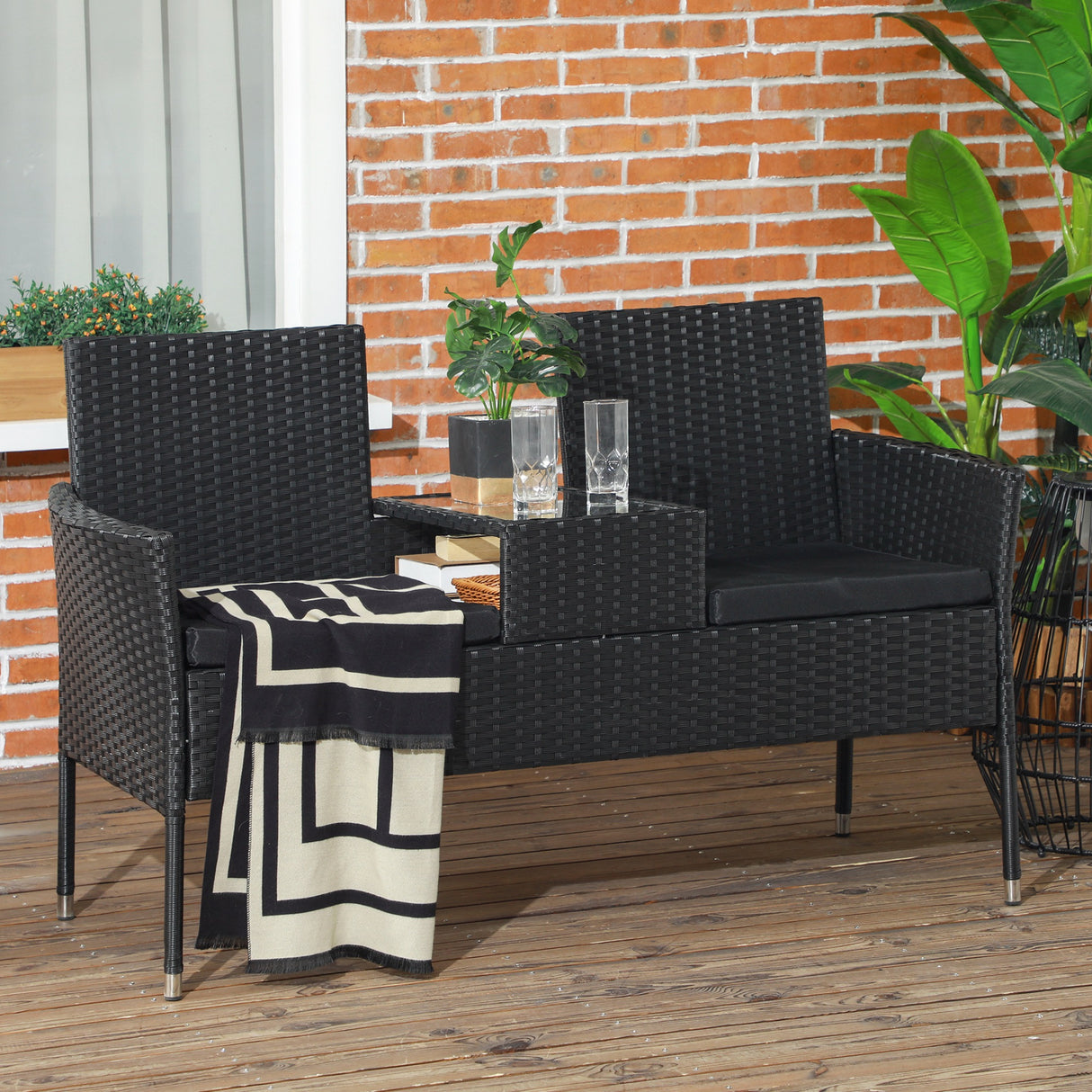 easycomfort easycomfort divanetto per esterni 2 posti con tavolino da caffe in acciaio e rattan pe 137x59x82 cm nero