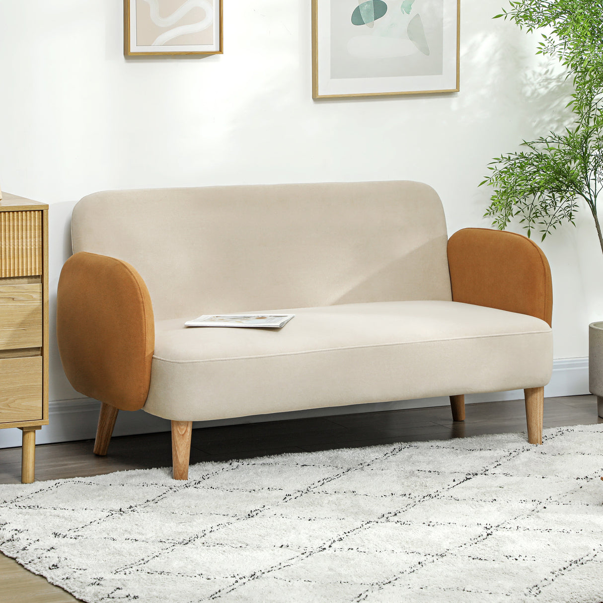 easycomfort easycomfort divano 2 posti stile nordico in tessuto effetto velluto e legno 138x73x74 cm crema e arancione