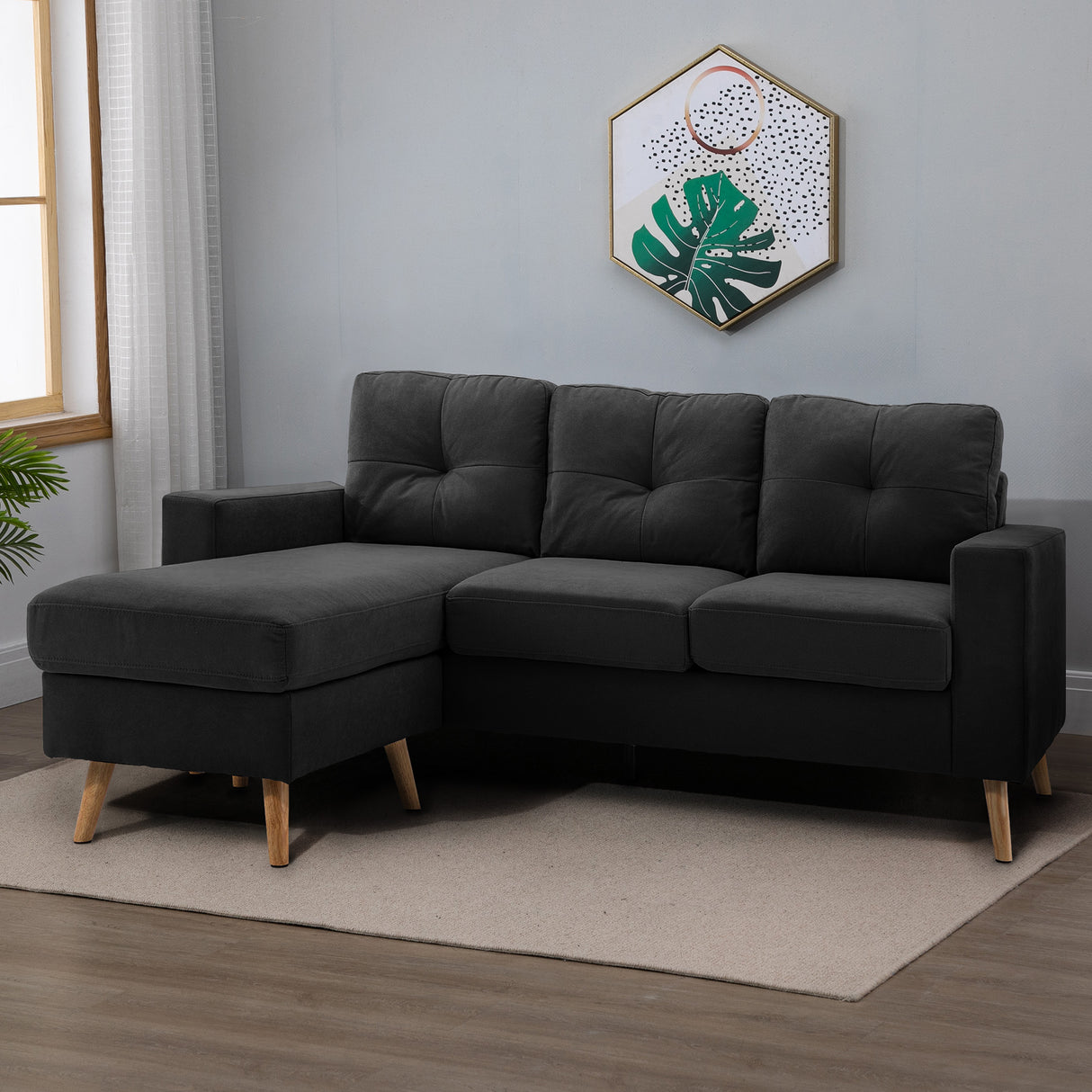 easycomfort easycomfort divano 3 posti ad angolo con penisola reversibile e cuscini in tessuto effetto lino 193x136x85 cm nero