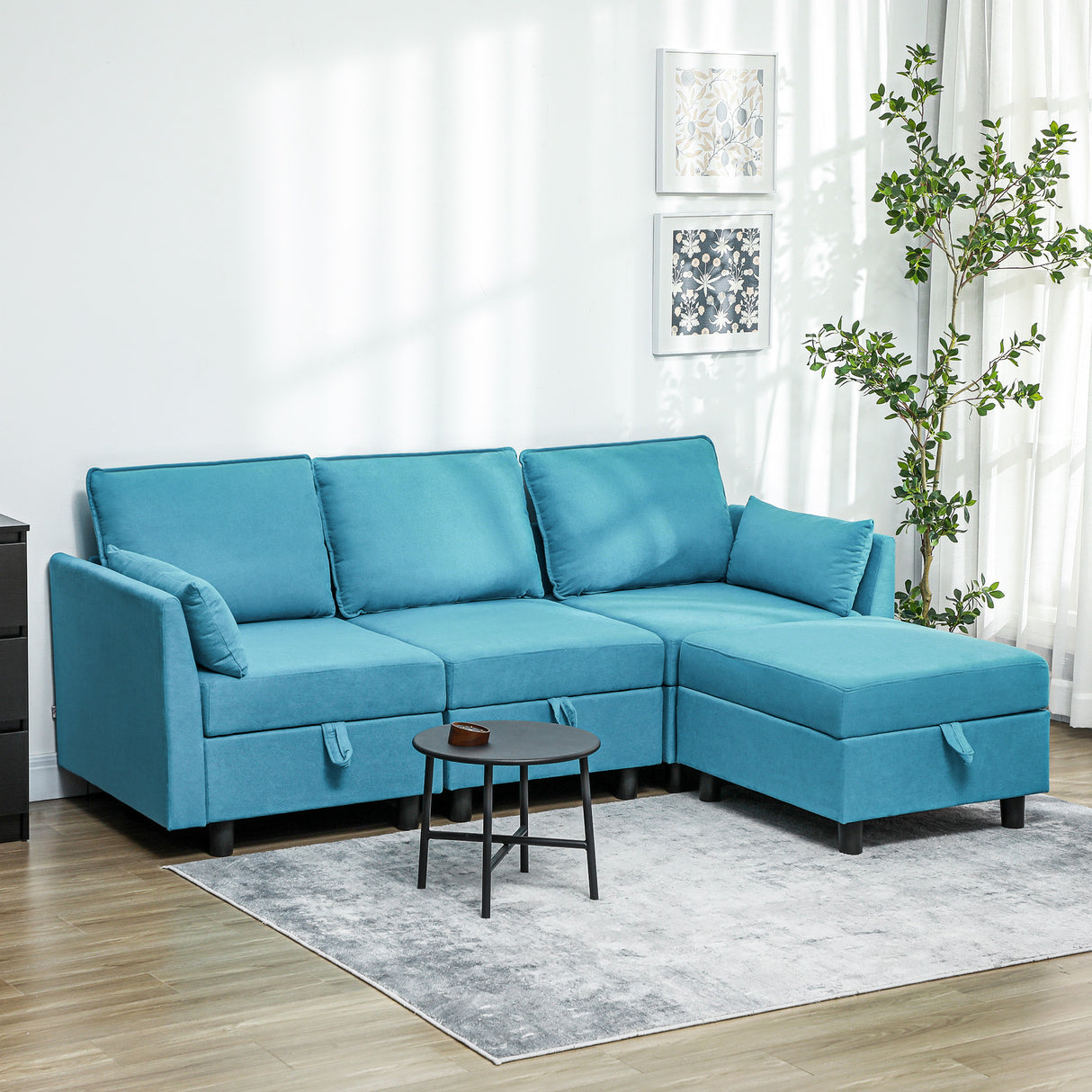 easycomfort easycomfort divano componibile modulare 3 posti con pouf poggiapiedi e cuscini rivestimento in flanella blu
