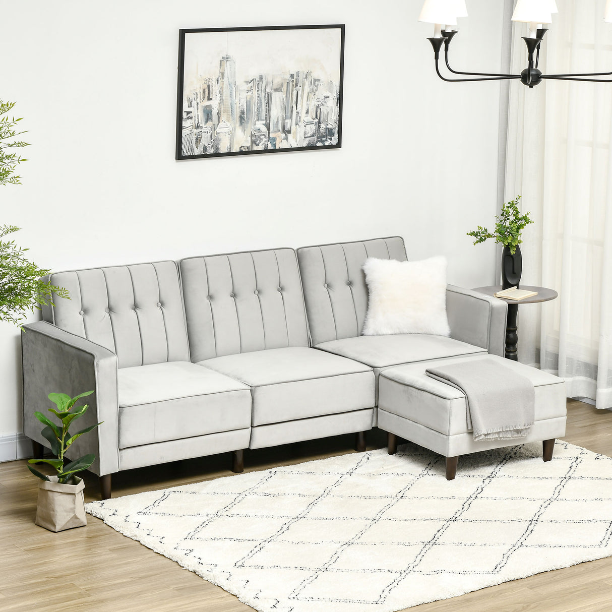 easycomfort easycomfort divano letto 3 posti con poggiapiedi e schienale reclinabile rivestimento velluto e seduta imbottita 218x85x86 cm grigio chiaro