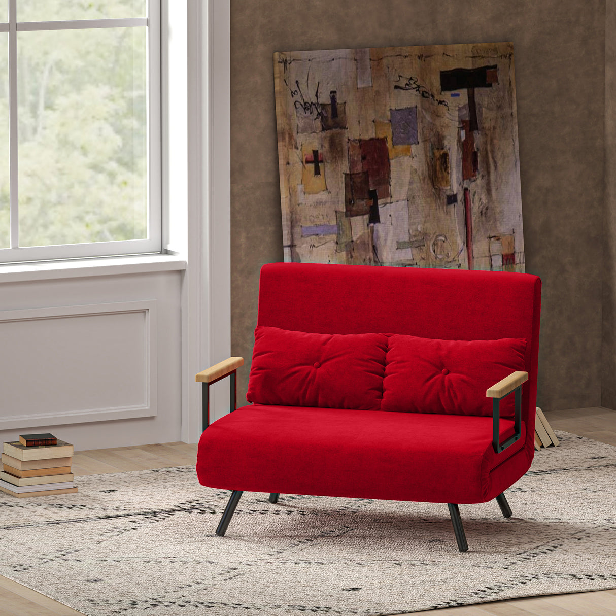 easycomfort easycomfort divano letto in tessuto effetto velluto con schienale regolabile e 2 cuscini 102x73x81 cm rosso