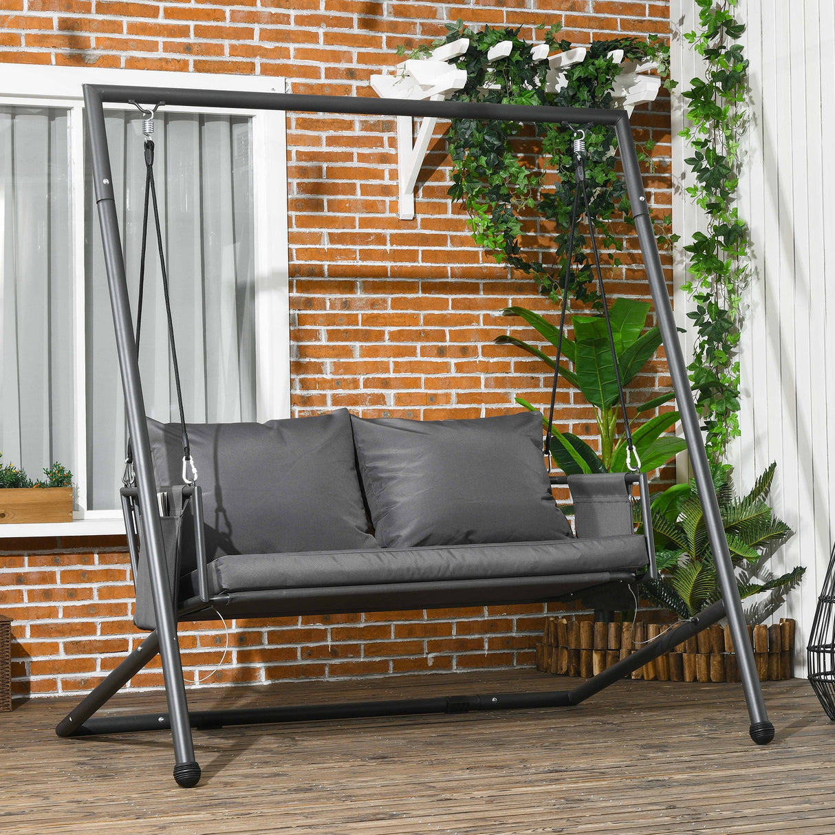 easycomfort easycomfort dondolo da giardino 2 posti con cuscini e tasche in acciaio e textilene 168x117x181 cm grigio scuro