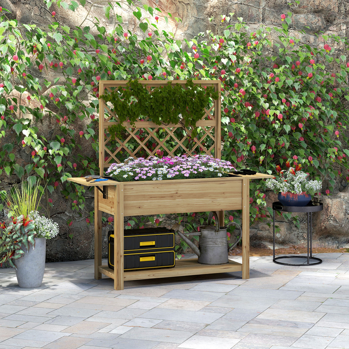 easycomfort easycomfort fioriera con grigliato e ripiani laterali e inferiore in legno di abete 140x45x151 cm