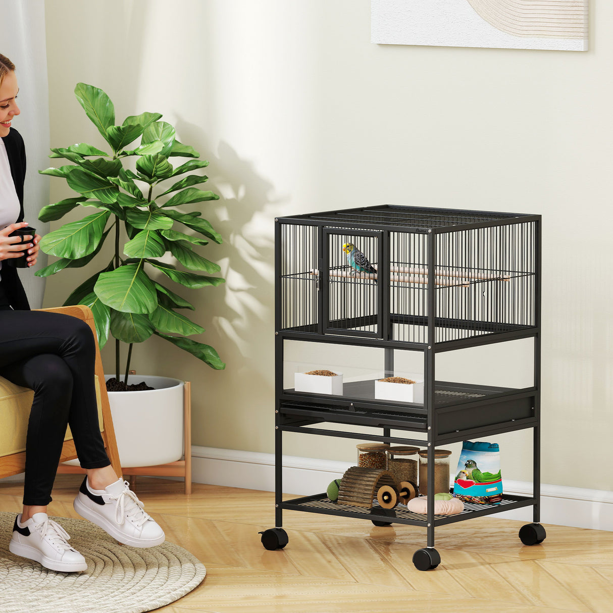 easycomfort easycomfort gabbia per uccelli con ripiano inferiore vassoio e griglia rimovibili in acciaio e pp 48x46x83 cm nero