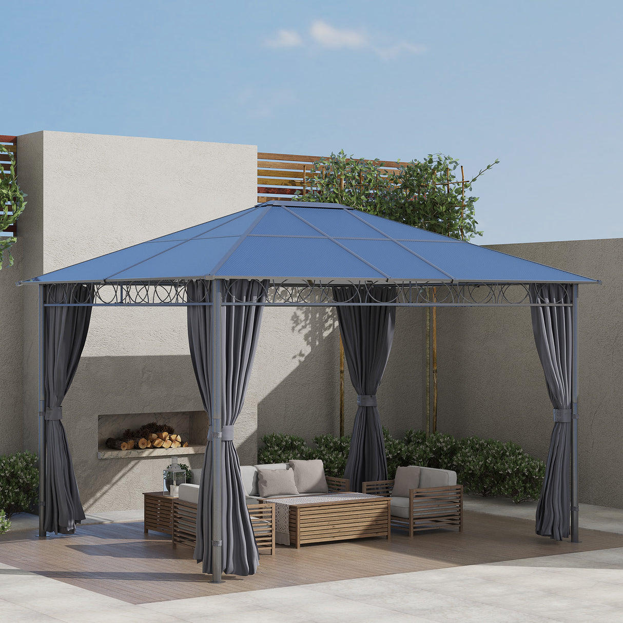 easycomfort easycomfort gazebo da giardino 3 6x3m con tetto in policarbonato anti uv e tende grigio