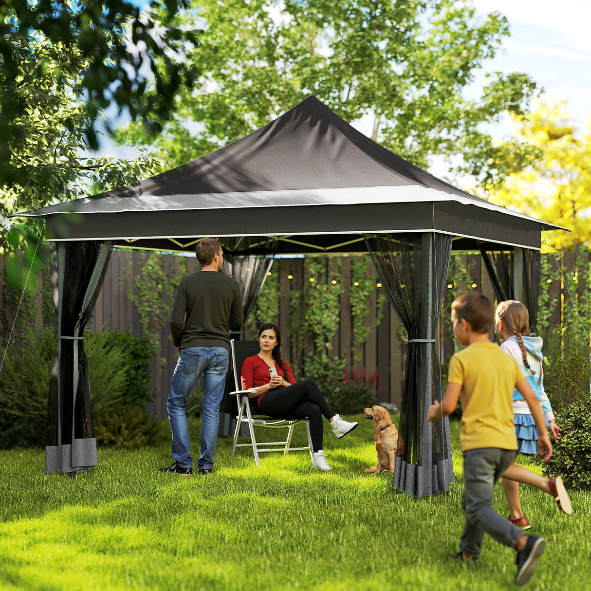 easycomfort easycomfort gazebo da giardino ad altezza regolabile con zanzariera in poliestere e metallo 357x357x310 cm grigio scuro