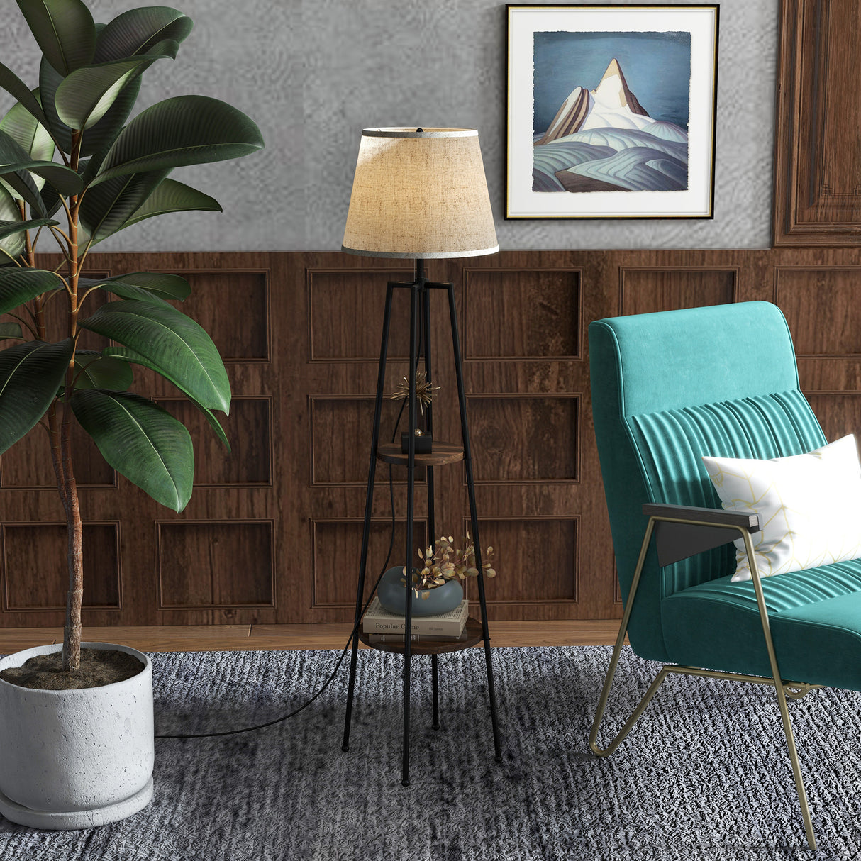 easycomfort easycomfort lampada da terra a 2 ripiani in metallo e mdf con paralume in tessuto 42x166 cm nero e marrone