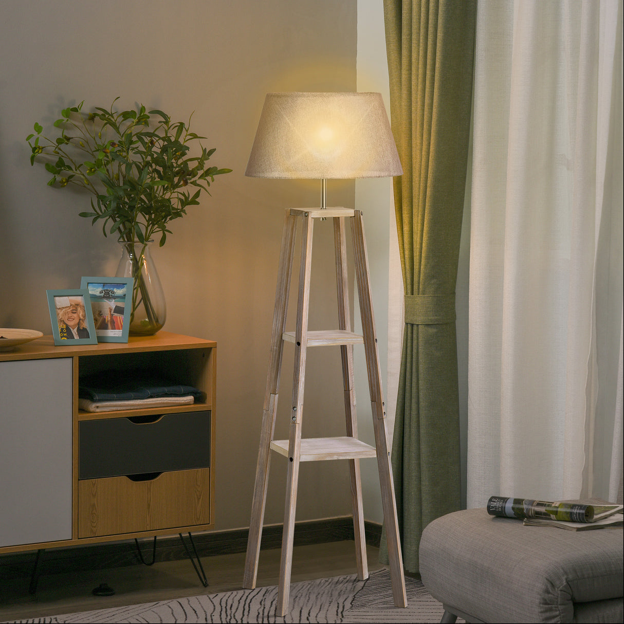 easycomfort easycomfort lampada da terra in legno con 3 ripiani e paralume in tessuto 45x45x148cm grigio