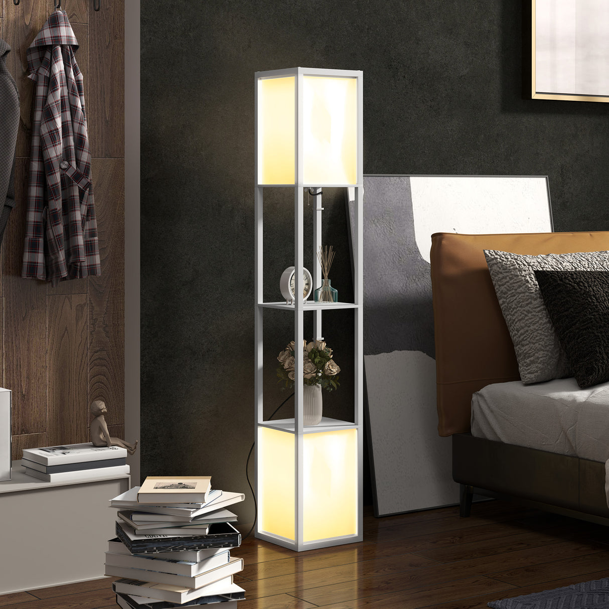 easycomfort easycomfort lampada da terra moderna con 2 paralumi e 2 ripiani per lampadine e27 max 40w 26x26x156 cm bianco