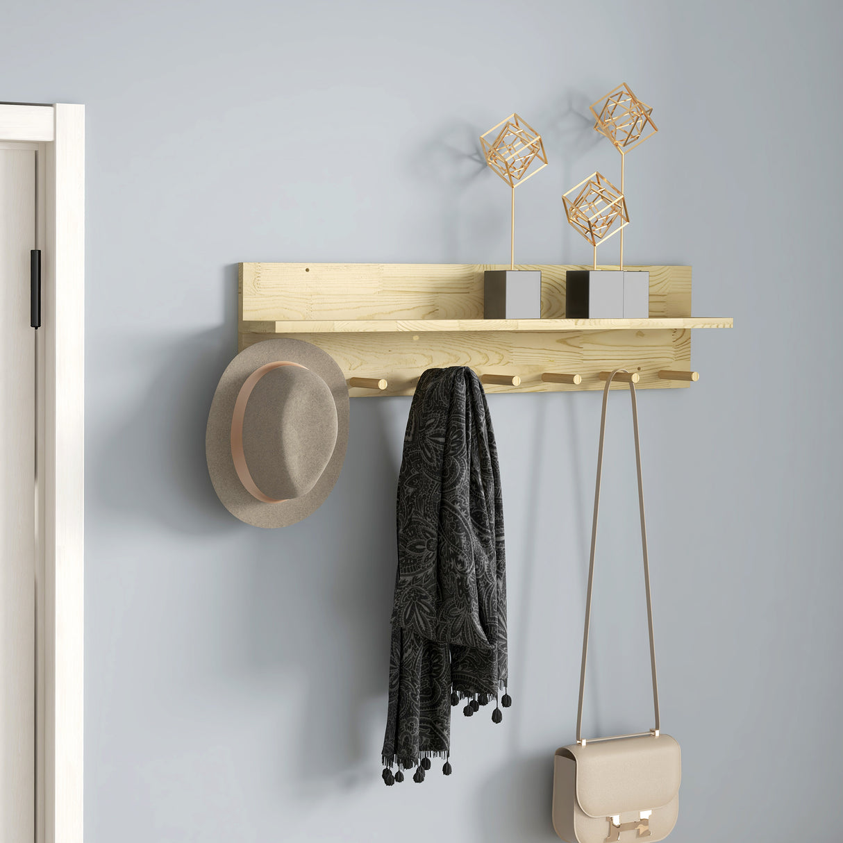 easycomfort easycomfort mensola da parete in legno di abete con 7 ganci per ingresso e soggiorno 80x12x20 cm