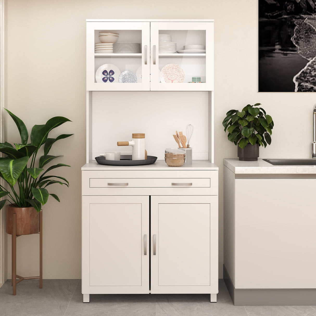 easycomfort easycomfort mobile cucina moderno con 2 armadietti ante in vetro e mensole regolabili 80x48x170 cm bianco