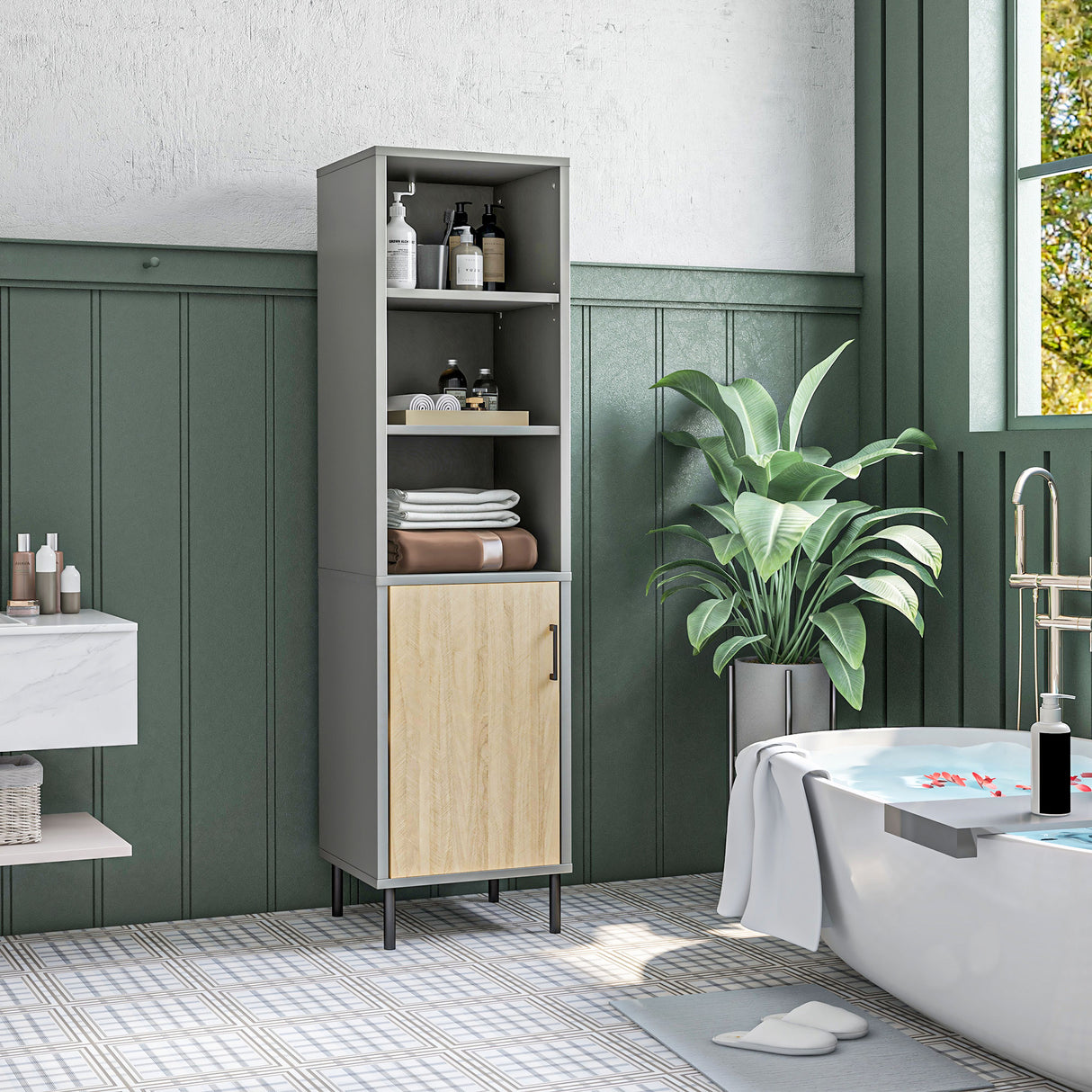 immagine-2-easycomfort-easycomfort-mobile-multiuso-in-truciolato-e-metallo-con-2-ripiani-aperti-e-armadietto-a-3-livelli-40x38x170cm-grigio-e-color-rovere