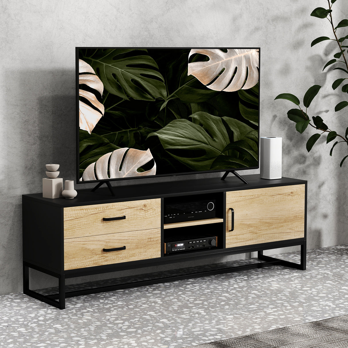 easycomfort easycomfort mobile porta tv 60 con armadietto 2 cassetti e ripiani aperti 140x35x45 cm legno naturale