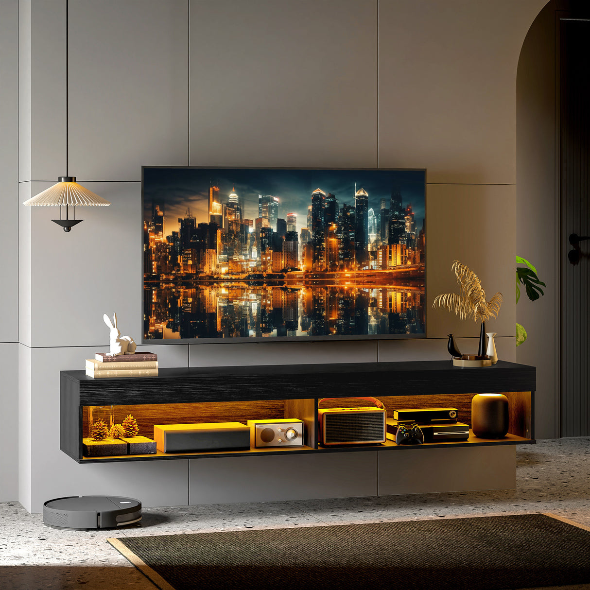 easycomfort easycomfort mobile porta tv fino 75 sospeso con luci led 16 colori e telecomando 180x40x30cm nero