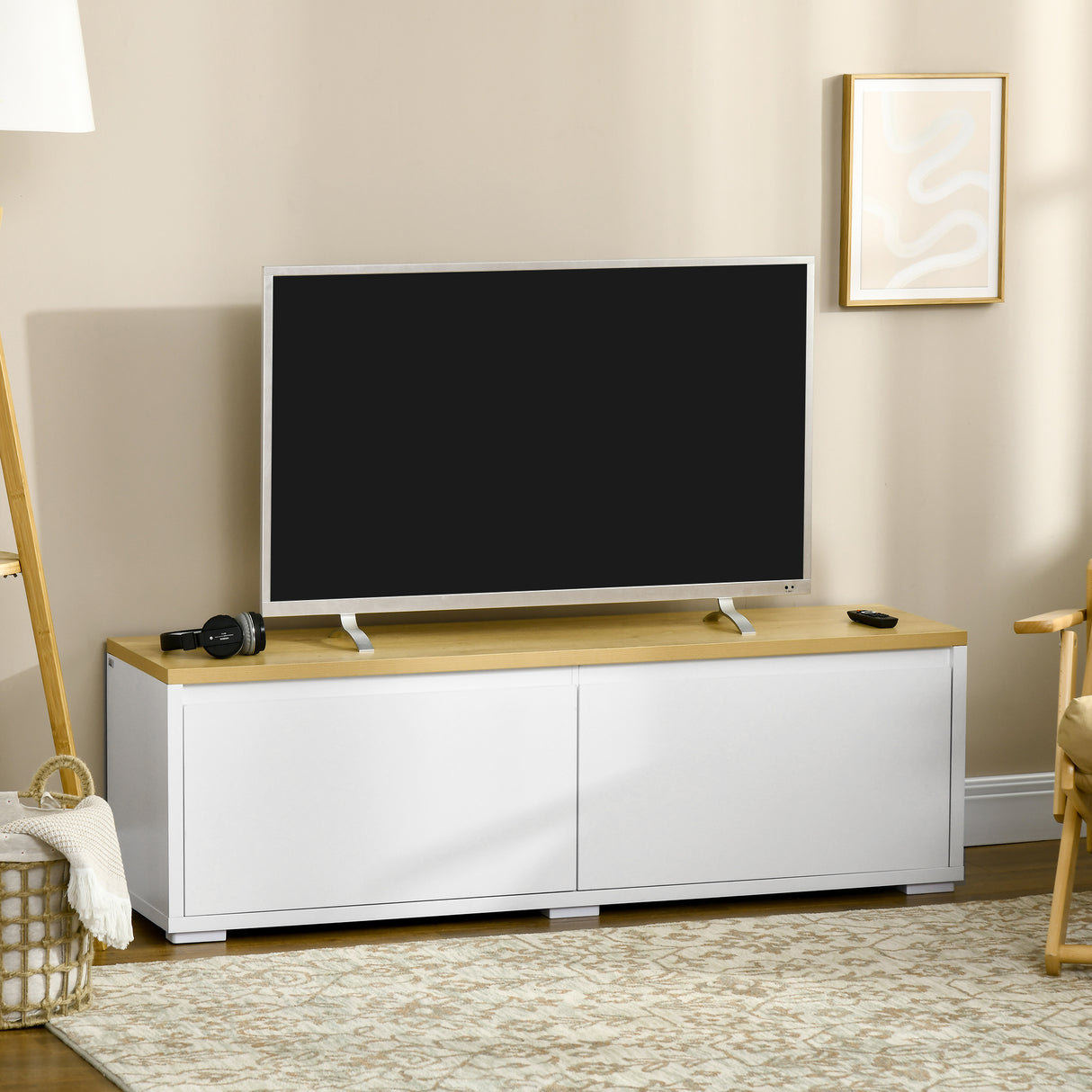 immagine-2-easycomfort-easycomfort-mobile-porta-tv-fino-a-65-con-armadietti-e-ante-a-ribalta-in-truciolato-140x37x45cm-bianco-e-color-legno