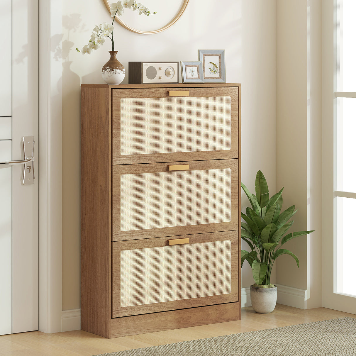 easycomfort easycomfort mobile scarpiera per 18 paia di scarpe con 3 cassetti ribaltabili in legno e rattan 80x25x120 cm marrone