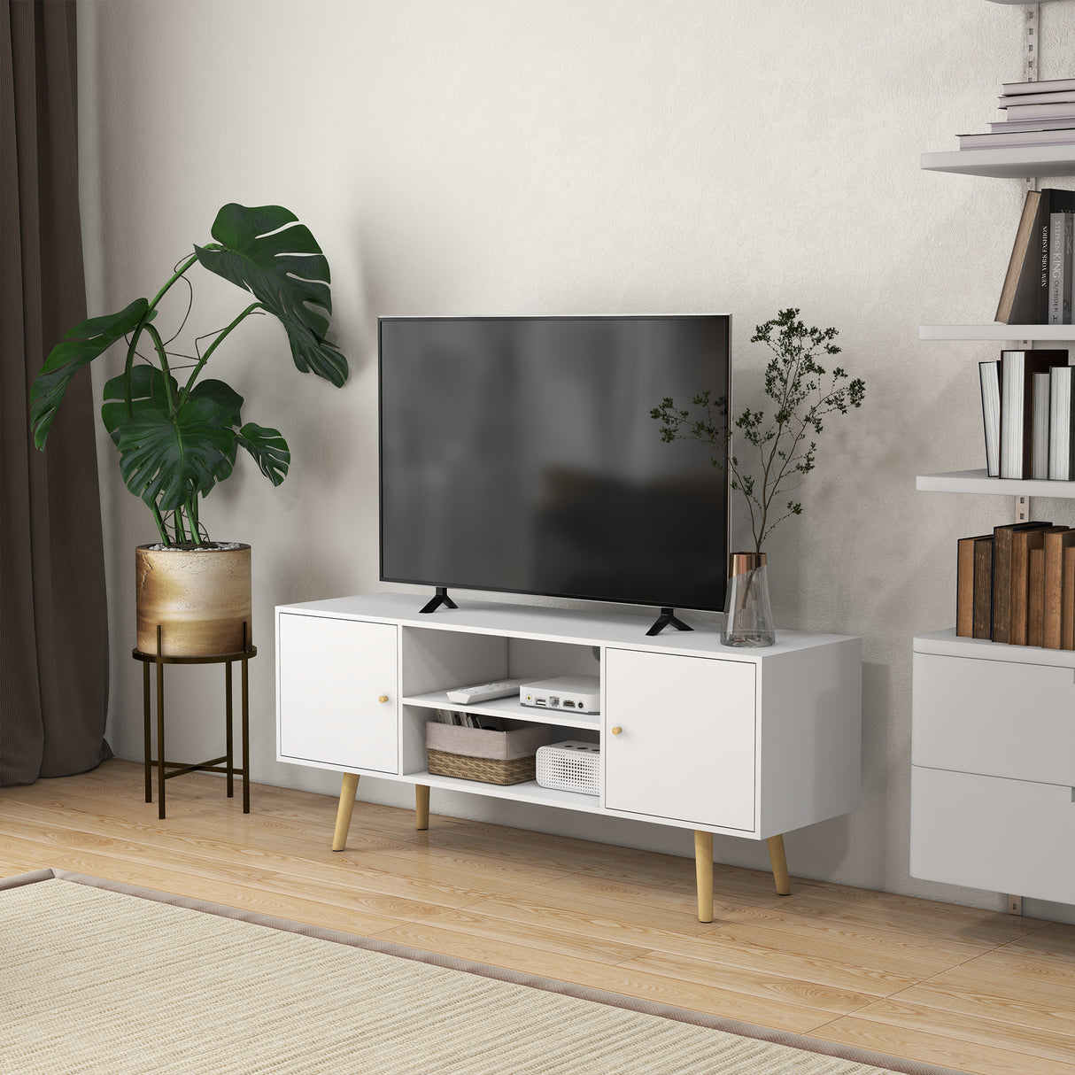 easycomfort easycomfort mobile tv 55 max con 2 armadietti e 2 ripiani aperti in legno e truciolato 120x34x50 cm bianco