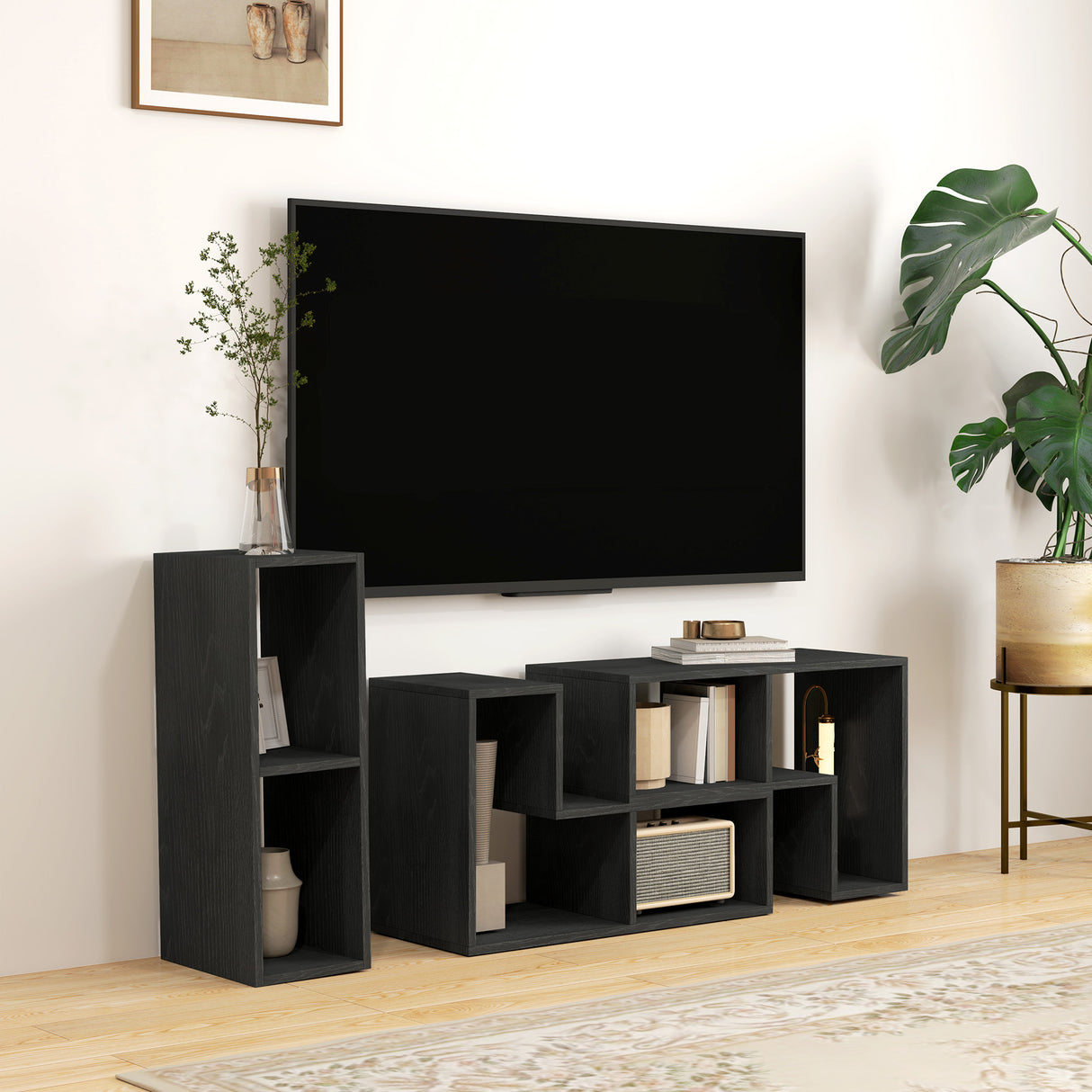 easycomfort easycomfort mobile tv 75 max modulabile con 2 ripiani a l e mensola rettangolare in legno 134 180x30 5x44 cm nero