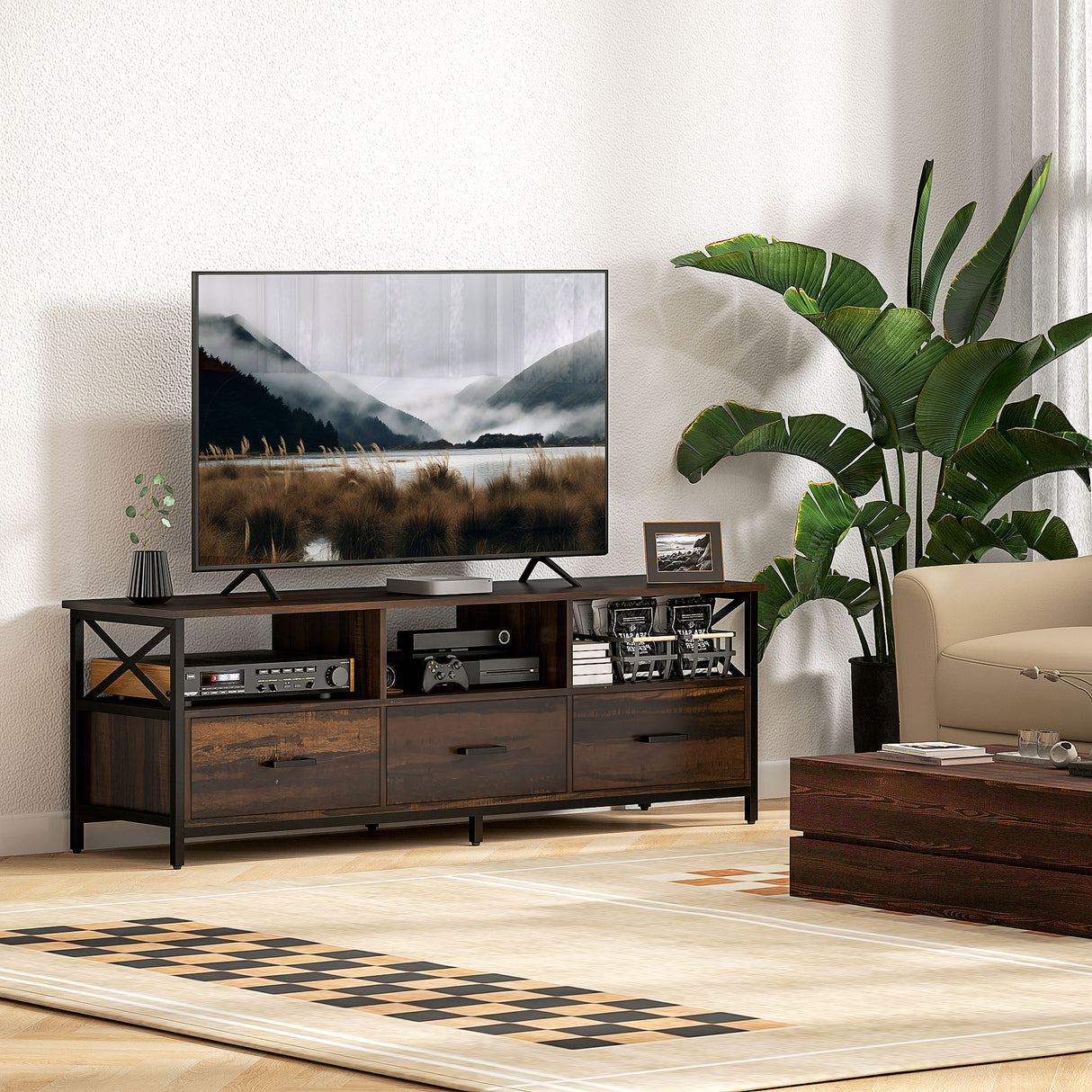 easycomfort easycomfort mobile tv industriale con 3 cassetti e 3 ripiani aperti in legno e acciaio 147x40x50 cm nero e marrone