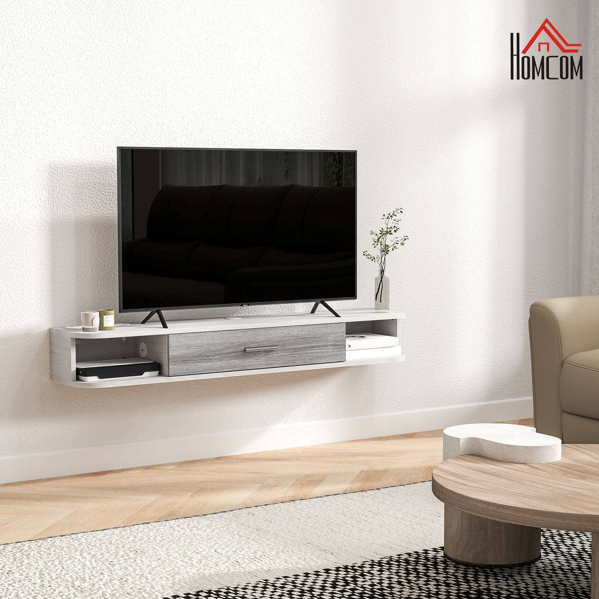 easycomfort easycomfort mobile tv sospeso in legno con 2 ripiani aperti e armadietto 120x26x16 cm bianco e grigio
