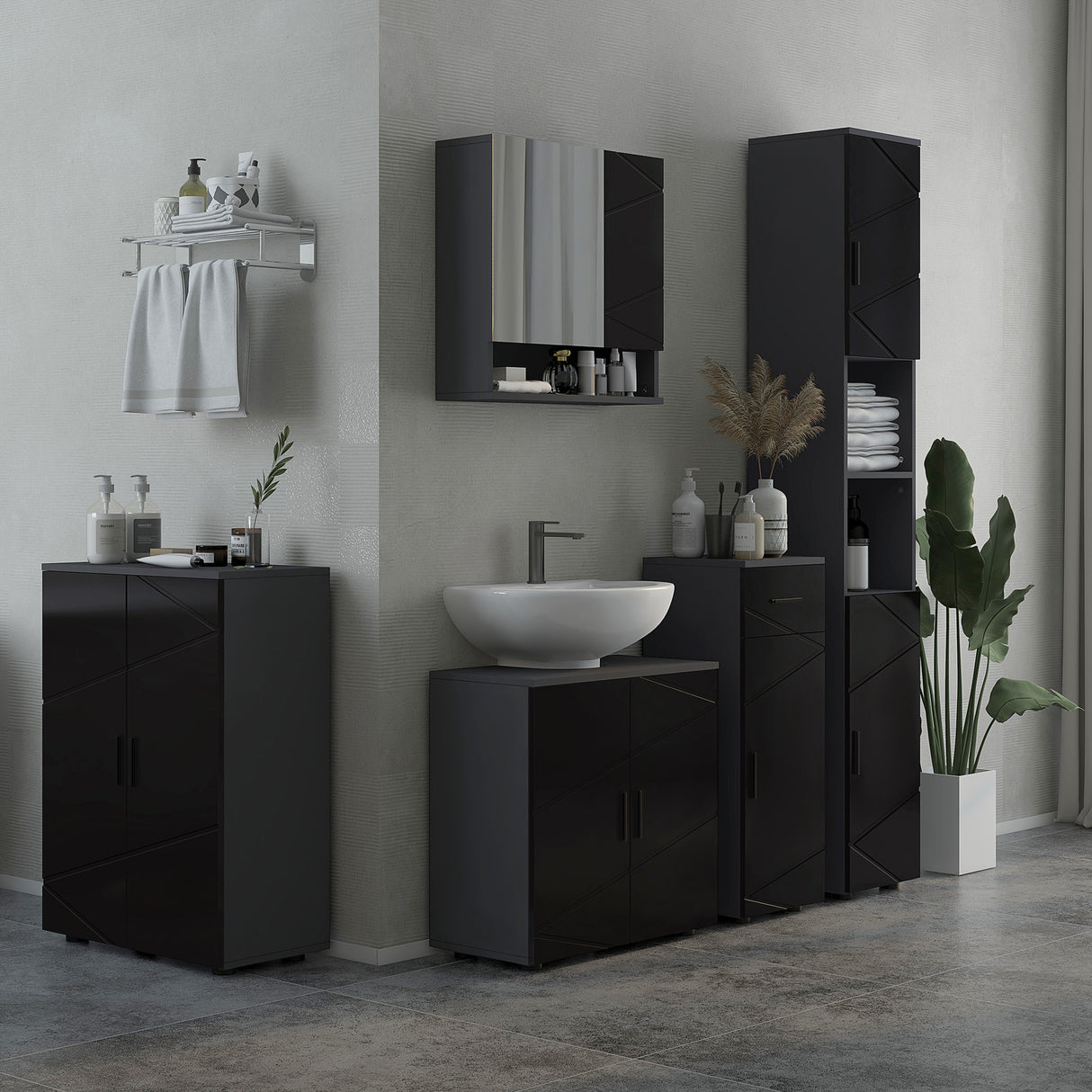 easycomfort easycomfort mobiletto bagno 2 ante in legno con 3 ripiani e chiusura ammortizzata 60x30x82cm nero