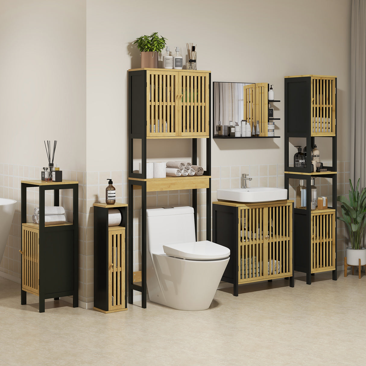 easycomfort easycomfort mobiletto bagno con ripiano aperto e armadietto in mdf e bambu 32x30x90 5 cm nero e color legno