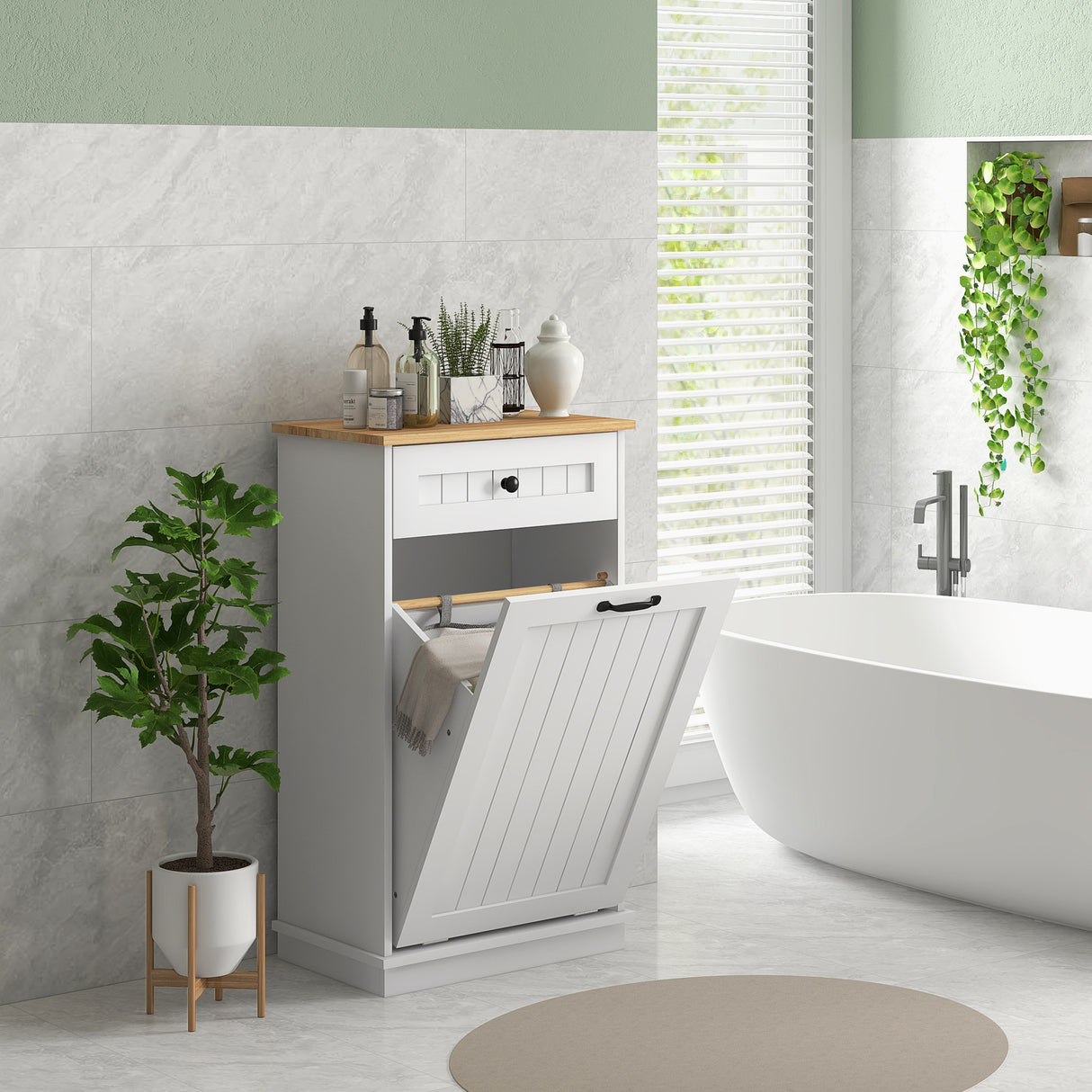 easycomfort easycomfort mobiletto bagno in legno con cesto portabiancheria in tessuto ribaltabile e cassetto bianco