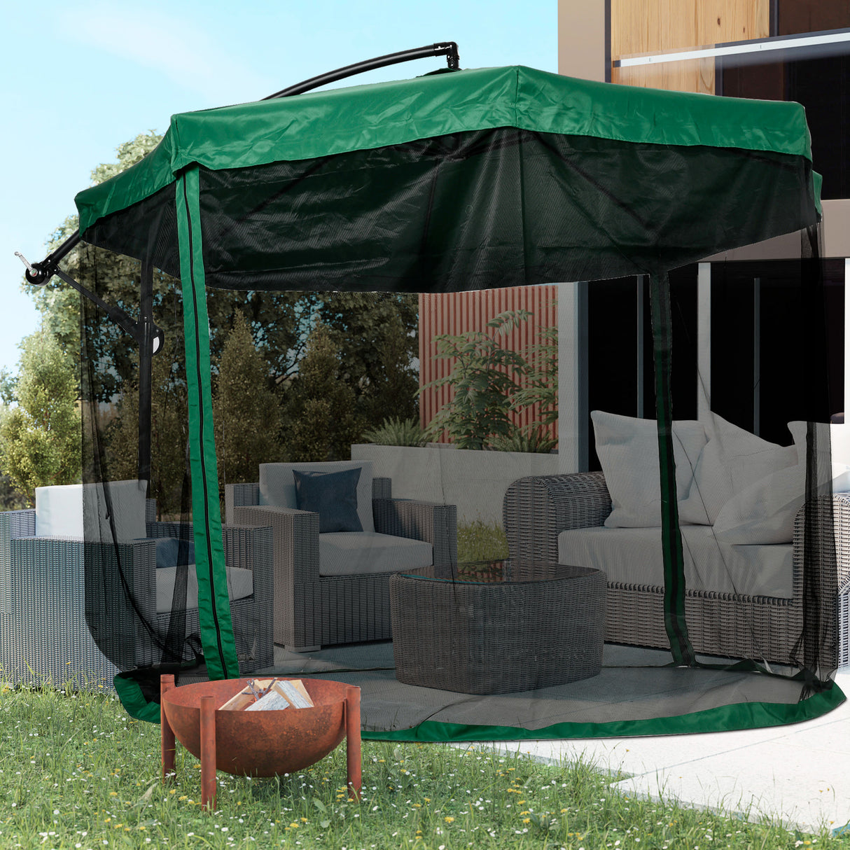 easycomfort easycomfort ombrellone da giardino 3x3 m con zanzariera apertura a manovella e base a croce verde