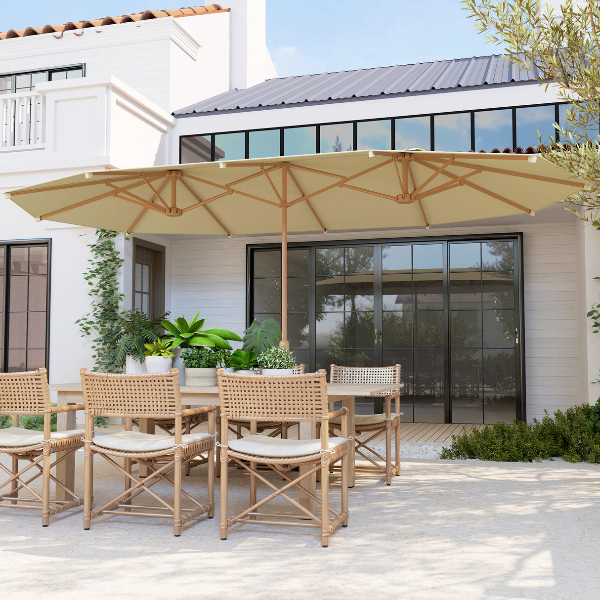 easycomfort easycomfort ombrellone doppio con apertura a manovella in acciaio inox e poliestere 455x265x238 cm beige