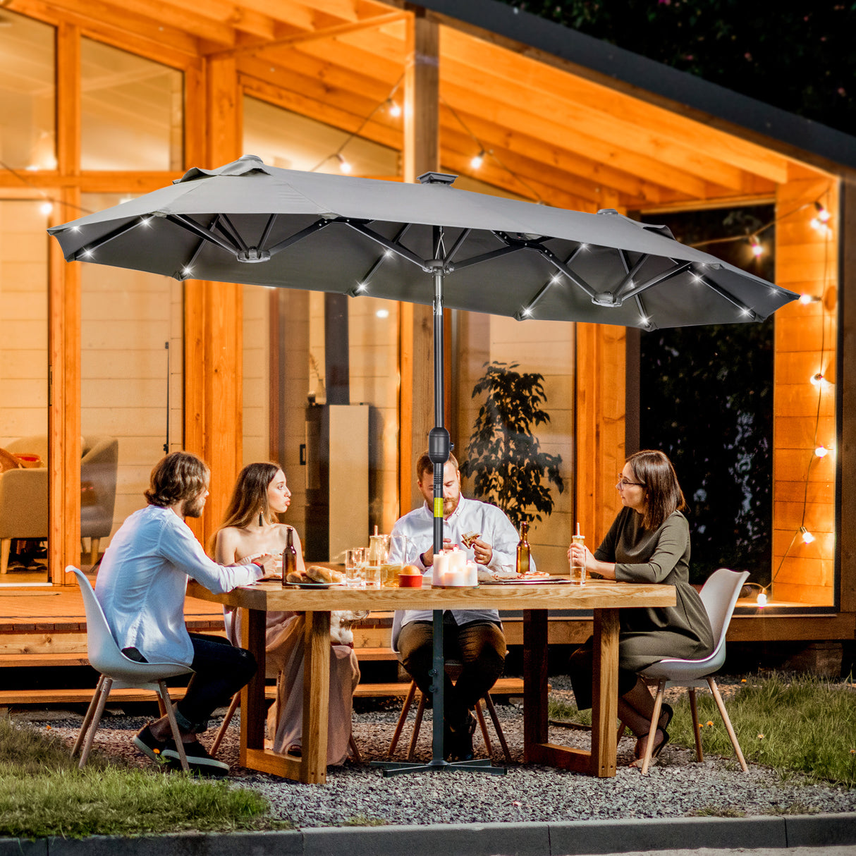 easycomfort easycomfort ombrellone doppio con base a crocee luci solari 295x150x219cm grigio