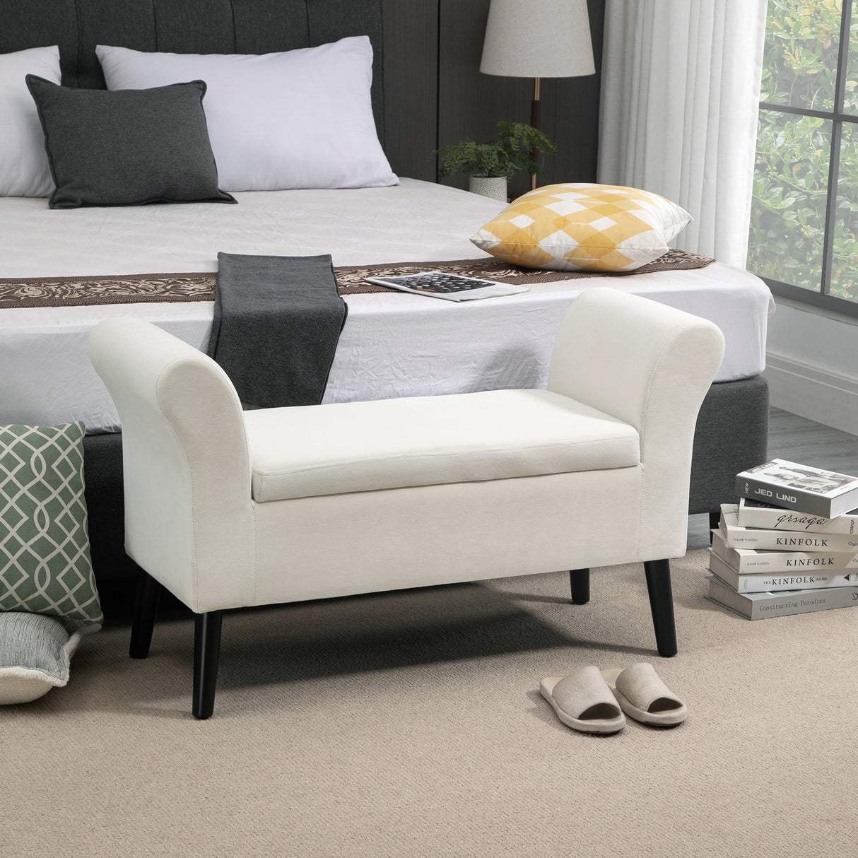 easycomfort easycomfort panca contenitore con braccioli in tessuto effetto velluto e legno 111 5x41x65 cm bianco crema