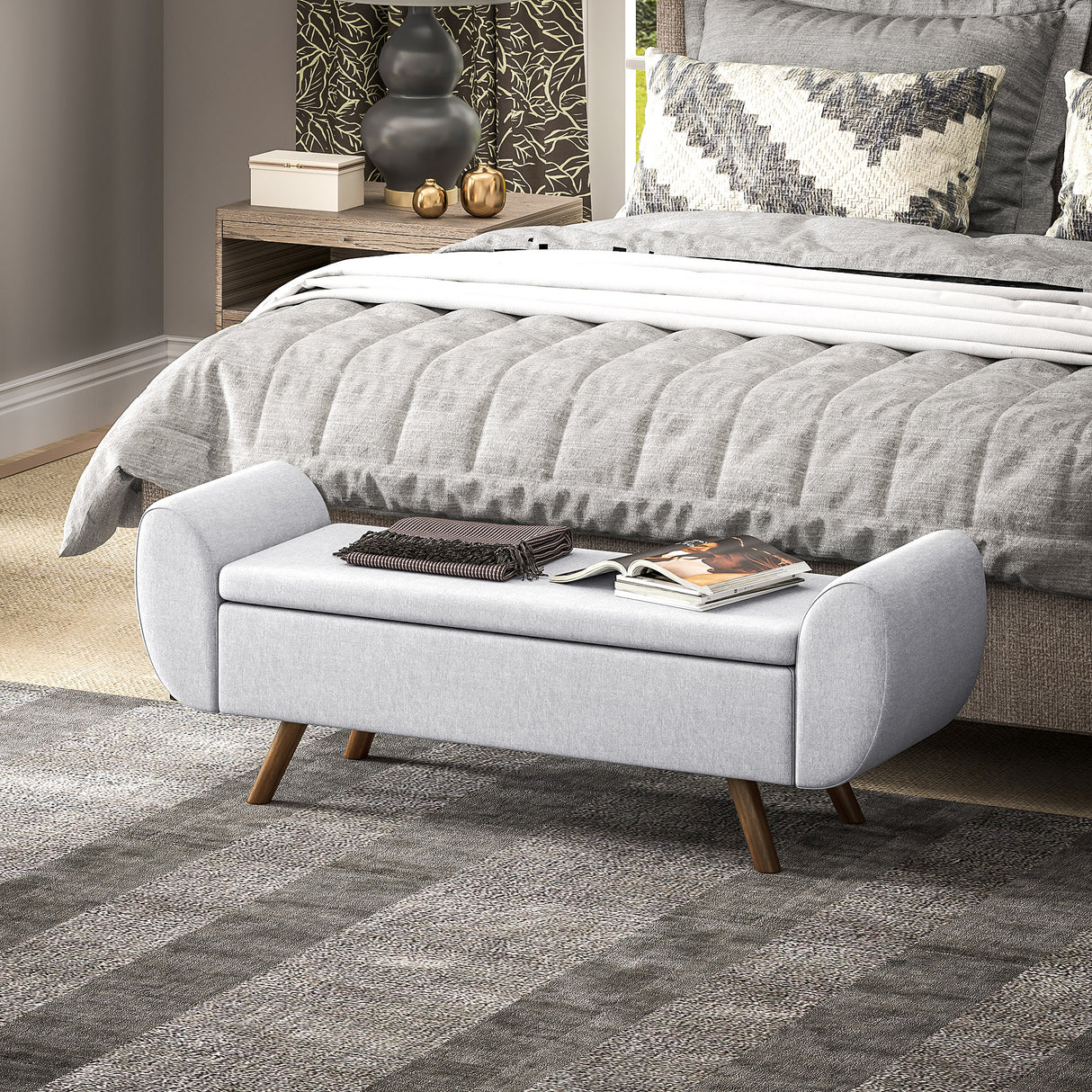 easycomfort easycomfort panca contenitore fondo letto con braccioli in tessuto gambe in legno e vano da 53 8l 132x42x50 cm grigio
