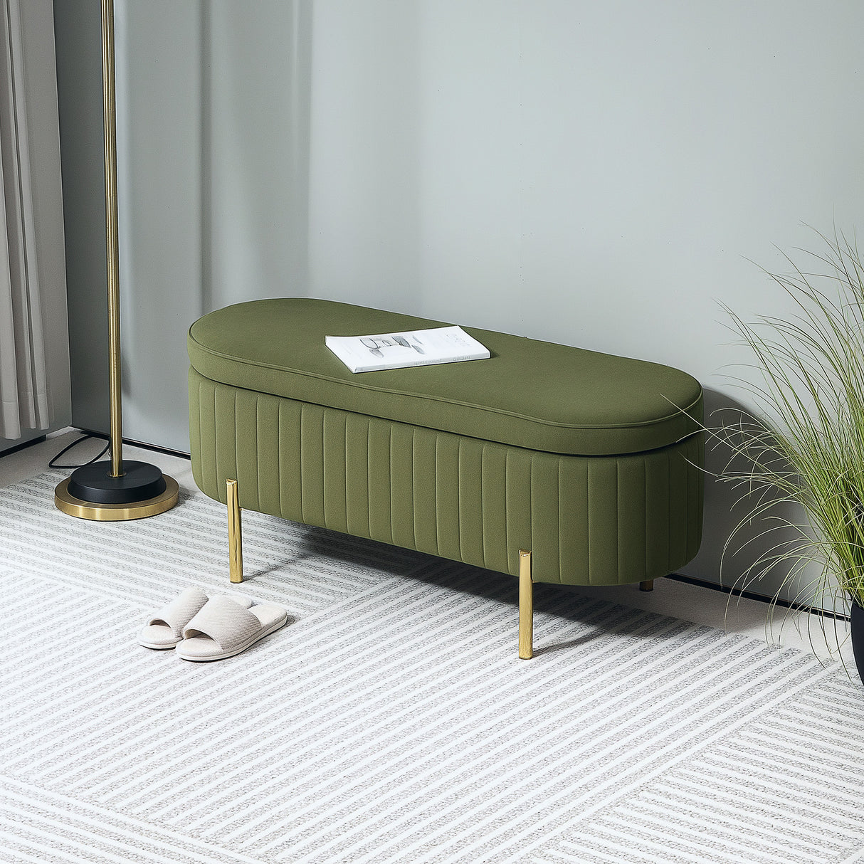 easycomfort easycomfort panca contenitore ovale da 72l con coperchio sollevabile in tessuto effetto velluto e legno 108x44x43 5 cm verde