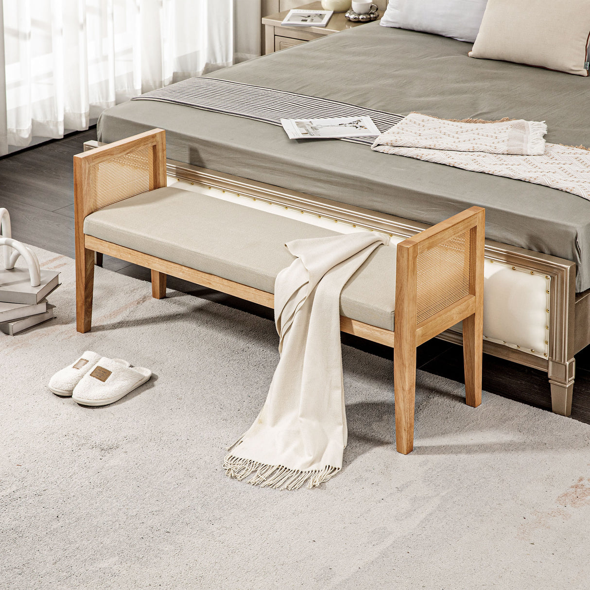 easycomfort easycomfort panca fondo letto boho con seduta imbottita e braccioli in legno e rattan 120x38x61 5cm crema