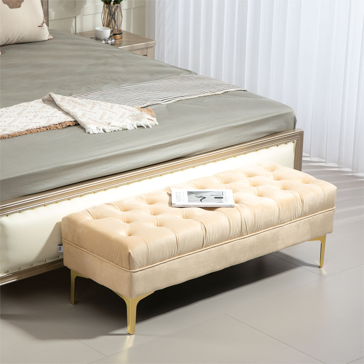 easycomfort easycomfort panca fondo letto imbottita con rivestimento trapuntato in tessuto effetto velluto 118x45x42 cm beige
