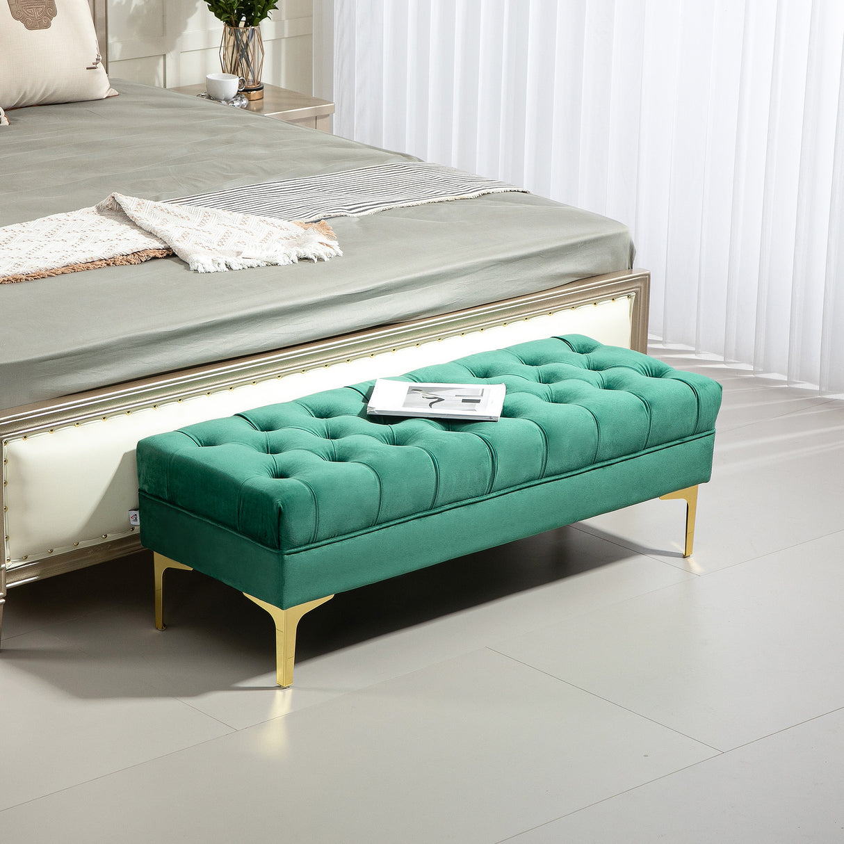 easycomfort easycomfort panca fondo letto imbottita con rivestimento trapuntato in tessuto effetto velluto 118x45x42 cm verde scuro