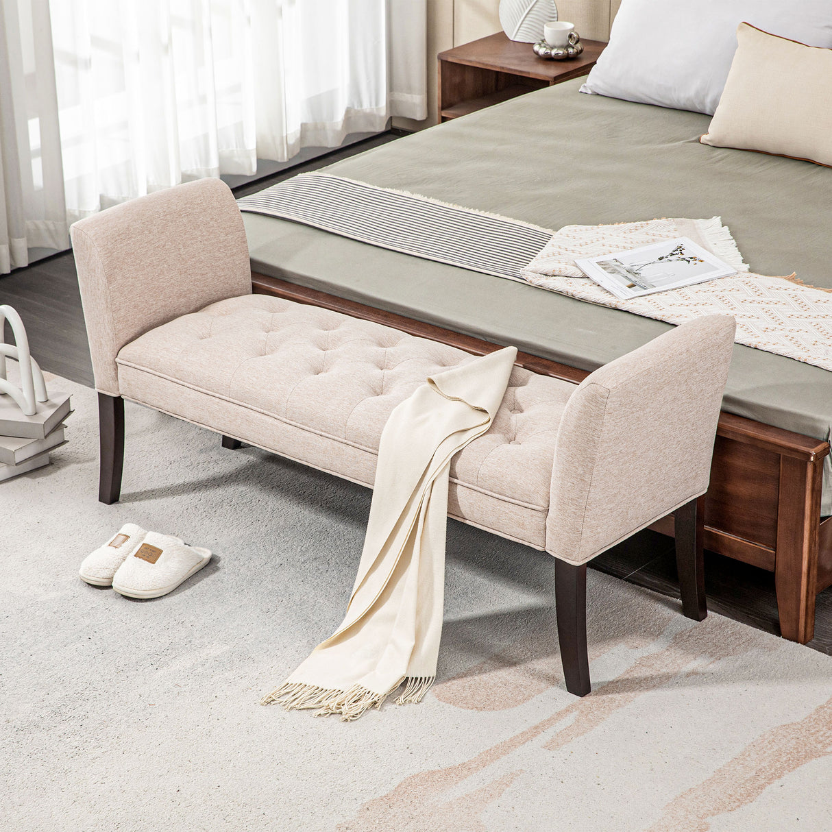 easycomfort easycomfort panca fondo letto imbottita e a bottoni in tessuto effetto lino e legno 141x44x65 cm beige