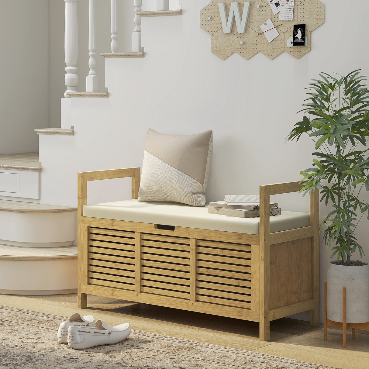 easycomfort easycomfort panca scarpiera a doghe da ingresso con design a ribalta in legno di bambu 100x40x60 cm