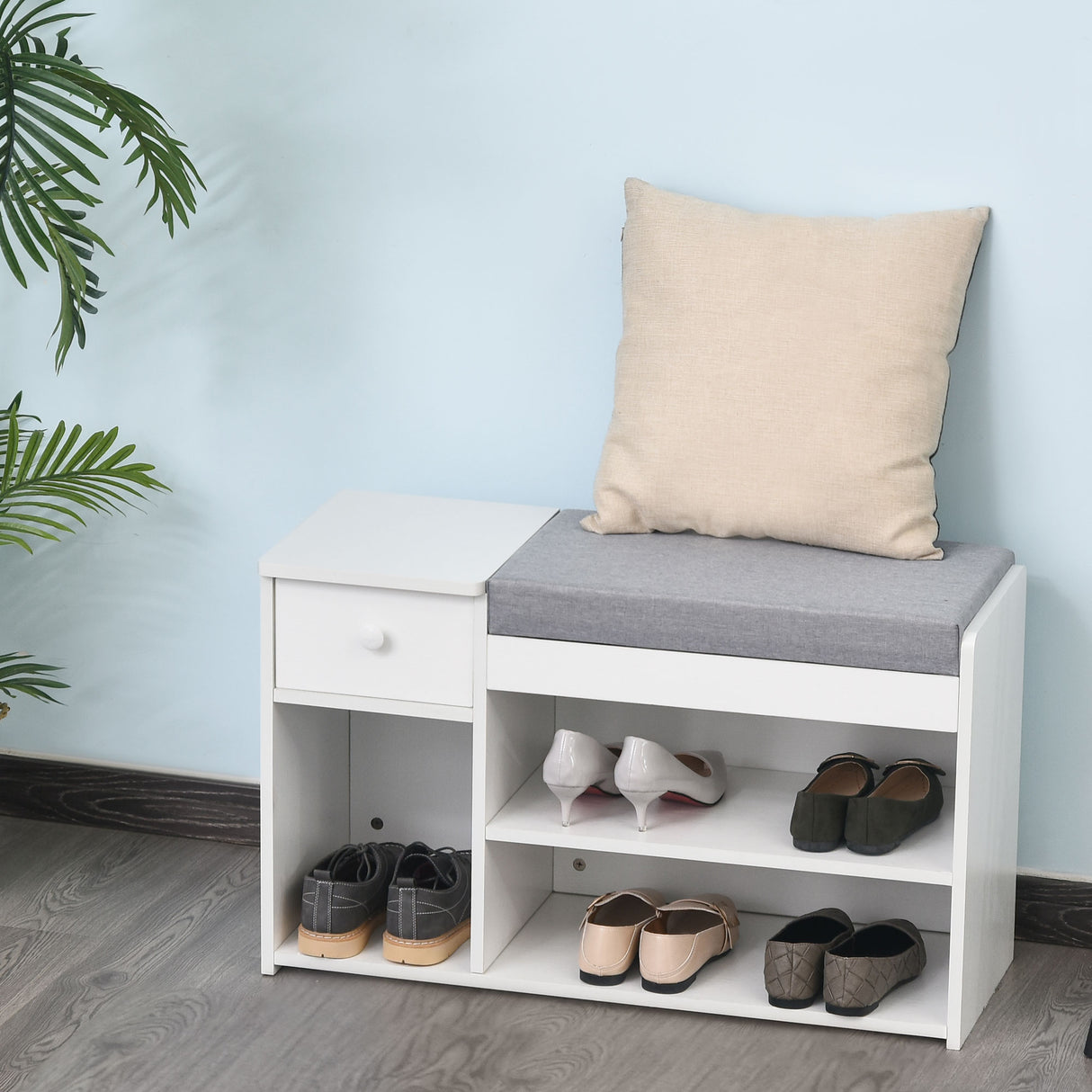 easycomfort easycomfort panca scarpiera con cuscino cassetto e 3 vani aperti in legno 81x31 5x49cm bianco