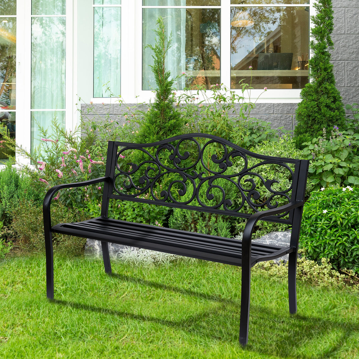 easycomfort easycomfort panchina da giardino 2 posti con schienale decorato in ghisa e metallo 127x60x89cm nero