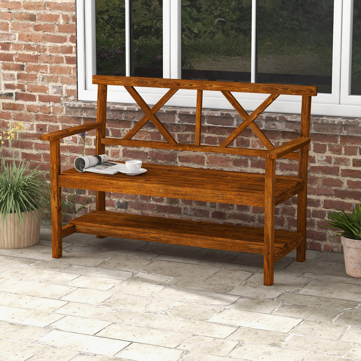 easycomfort easycomfort panchina da giardino 2 posti in legno con ripiano e braccioli 125x58x88cm legno